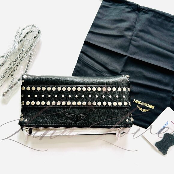 ZADIG & VOLTAIRE Rock Savage Studded Clutch Crossbody/Shoulder Bag In Black NWT - Picture 1 of 9